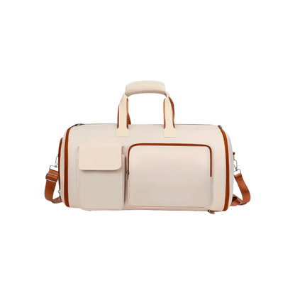 Sac de voyage Moduleva beige – sac cabine élégant et pratique. Rangement vêtements dans la doublure, format avion, gain de place et économique.